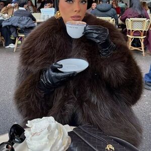 Luxurious Brown Fur Coat warm winter shaggy fluffy faux feather jacket